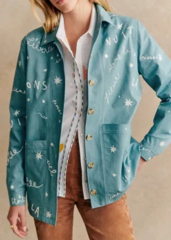 Discount Sezane Jacke Will - Sézane X Pangea Stickerei Freie vögel Blau