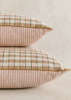 New Sezane Kissen Gewebte Pianissimo -  Großes Modell Webkaros Kaffee und Blush – Webstreifen Blush