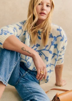 Online Sezane Pullover Pelagie Ecru Blumen Blau