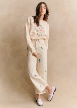 Hot Sezane Sweatshirt Amour Libre Oiseau - Sézane X Pangea Cremeweiß/Mehrfarbig