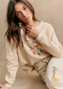 Hot Sezane Sweatshirt Amour Libre Oiseau - Sézane X Pangea Cremeweiß/Mehrfarbig
