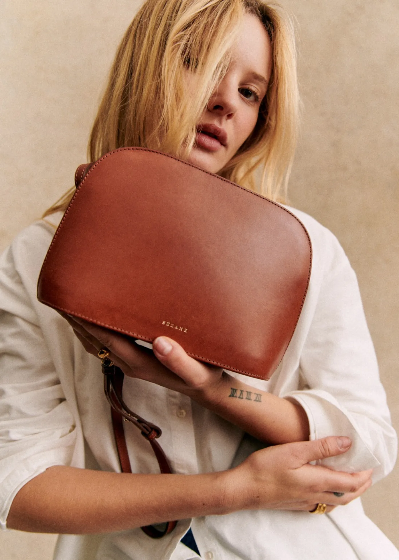 Clearance Sezane Tasche Victor Heritage Camel glatt Héritage