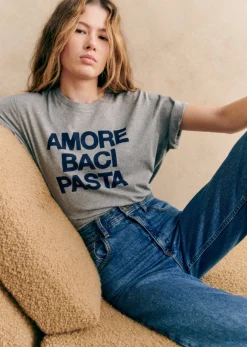 Clearance Sezane T-Shirt Amore Baci Pasta Grau meliert / Marineblau