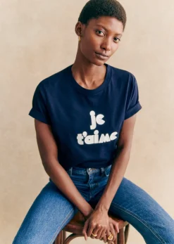 Sale Sezane T-Shirt Je T'aime Marineblau/Ecru