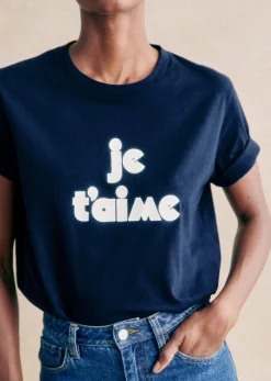 Sale Sezane T-Shirt Je T'aime Marineblau/Ecru