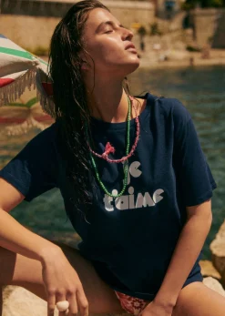 Sale Sezane T-Shirt Je T'aime Marineblau/Ecru