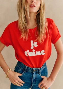 New Sezane T-Shirt Je T'aime - Rosa Schöpfung Rot/Ecru
