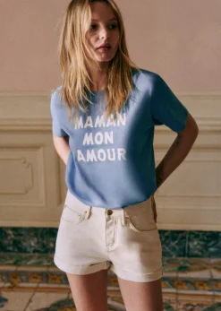 Online Sezane T-Shirt Maman Mon Amour Blau/Ecru
